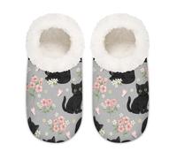 Chintiz Women's Soft Cozy Warm Ladies Slippers Socks for Women Men, Spring Black Cats Flowers Fuzzy Plush Non-slip Closed Back House Shoes for Bedroom Winter Indoor Outdoor