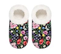 Chintiz Women's Soft Cozy Warm Ladies Slippers Socks for Women Men, Spring Butterfly Flowers Fuzzy Plush Non-slip Closed Back House Shoes for Bedroom Winter Indoor Outdoor