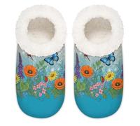 Chintiz Women's Soft Cozy Warm Ladies Slippers Socks for Women Men, Spring Flowers Butterfly Fuzzy Plush Non-slip Closed Back House Shoes for Winter Bedroom Indoor Outdoor