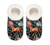 Chintiz Women's Soft Cozy Warm Ladies Slippers Socks for Women Men, Spring Flowers Horse Fuzzy Plush Non-slip Closed Back House Shoes for Bedroom Winter Indoor Outdoor