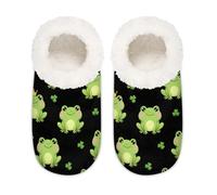 Chintiz Women's Soft Cozy Warm Ladies Slippers Socks for Women Men, St. Patricks Day Frog Clover Fuzzy Plush Non-slip Closed Back House Shoes for Winter Bedroom Indoor Outdoor