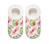 Chintiz Women's Soft Cozy Warm Ladies Slippers Socks for Women Men, Strawberry Frog Fuzzy Plush Non-slip Closed Back House Shoes for Winter Bedroom Indoor Outdoor