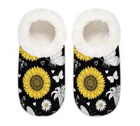 Chintiz Women's Soft Cozy Warm Ladies Slippers Socks for Women Men, Sunflower Lily Daisy Butterfly Fuzzy Plush Non-slip Closed Back House Shoes for Winter Bedroom Indoor Outdoor