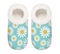 Chintiz Women's Soft Cozy Warm Ladies Slippers Socks for Women Men, Turquoise Polka Dot Daisy Fuzzy Plush Non-slip Closed Back House Shoes for Winter Bedroom Indoor Outdoor