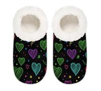 Chintiz Women's Soft Cozy Warm Ladies Slippers Socks for Women Men, Valentines Day Neon Hearts Fuzzy Plush Non-slip Closed Back House Shoes for Winter Bedroom Indoor Outdoor