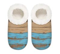 Chintiz Women's Soft Cozy Warm Ladies Slippers Socks for Women Men, Vintage Blue Wood Fuzzy Plush Non-slip Closed Back House Shoes for Winter Bedroom Indoor Outdoor