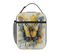 Chintiz Yellow Watercolor Notes Butterfly Insulated Kids Lunch Bag, Reusable Lunch Box with Front Pocket Side Mesh, Waterproof Leakproof Lunch Tote for School Travel Picnic Beach Work Boys Girls