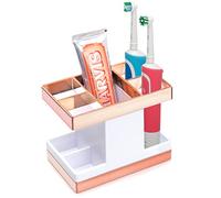 Chintu Tooth Brush Holder for Bathroom Organizer - 5 Slots Electric Toothbrush Holder for Countertop, Plastic Makeup Organizer Toothpaste Holder for Family Kids Bathroom Accessories - Withe/Rose Gold