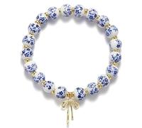 Chiorgone Blue and White Floral Ceramic Beaded Bracelet, Silver Bow Charm Stretch Jewelry, Vintage Chinoiserie Style for Women, One Size, Ceramic, no gemstone