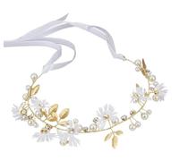 Chiorgone Daisy Flower Bridal Hair Vine Wreath - Gold Tone Headband with Pearls & Crystals, Wedding Floral Headpiece for Brides, Flower Girls - Ribbon Tie.(White)