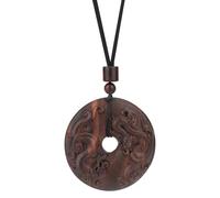 Chiorgone Handmade Agarwood Pendant Necklace for Men/Women, Double-Sided Dragon & Phoenix Carved Pendant with Adjustable Rope Chain, Buddhist Blessing Jewelry Gift for Him.