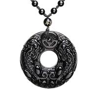 Chiorgone Natural Black Obsidian Pixiu Ping An Kou Necklace - Unisex Feng Shui Amulet for Wealth Protection & Good Luck