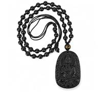 Chiorgone Obsidian Guardian Buddha Amulet - Zodiac Feng Shui Necklace, symbolizing wisdom and wealth, 1.97" x 1.34"