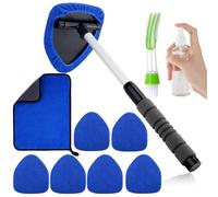 ChioSun 10Pcs Windscreen Cleaner Tool, 180° Rotating Head Extendable Window Windshield Cleaner Tool, Car Windscreen Cleaners Inside with 6 Reusable Microfiber Pads, 1 Spray Bottle, 1 Brush, 1 Towel