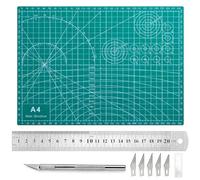 ChioSun A4 Cutting Mat Set, 8 Pieces 3mm Thick Double-Sided Craft Mats Non Slip Self Healing Cutting Mat, PVC Cuttings Board Craft with 20cm Steel Rule for Carving Sewing Cut Paper DIY (Dark Green)
