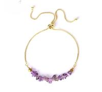 Chip Stone Crystal Bracelet Healing Chakra Stainless Steel Bracelet for Women (Amethyst-Gold)