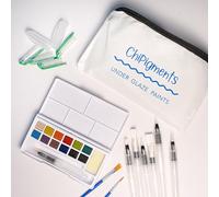 ChiPigments® Set of 12 Semi-Moist Underglaze Watercolor Paints for Pottery & Ceramic Art - Includes 7 Water Brushes, 2 Chisel Brushes, and Storage Case