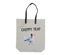 'CHIPPY TEA' Seagull Canvas Tote Bag with Leather Handles, Multicoloured, Novelty Slogan Print, Unisex, One Size, for Shopping, Travel, Holiday, Work, School, Gift. Seaside Theme, Fish & Chips