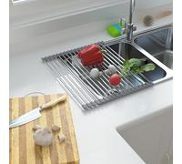 CHIRISEN Telescopic Roll Up Dish Drainer Kitchen Over Sink Non Slip Silicone Multipurpose Dish Drainer Stainless Steel 18 Tube 33x29-55cm
