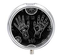 Chiromancy Human Hands Iron Pill Box Case Organizer with Internal Separate Plastic Dividers, Travel Small Medicine Bag Holder Carrier Round Container