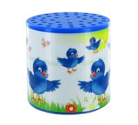 Chirping box, squawking box, bird box or “bird” moo box to hear a bird's cry, chirp or squawk with label illustrated with blue birds (the box must be shaken to emit the chirping).