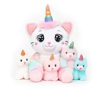 Chirpy Chums Dreamy Caticorn Family - Magical Unicorn Cat with 4 Baby Kittens - 20” Ultra-Soft Stuffed Animal Toy - Zipper Belly Surprise for Cuddles, Play & Gifts - 5-Piece Set for Kids Ages 3+