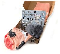 Chirpy & Goose Cat Lovers Gift Box Set with Patterned Socks UK 5-8, Pom Pom Keyring and Decorative Magnet, 4 Cat Paper Clips