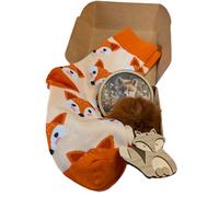 Chirpy & Goose Fox-Themed Gift Box Set with Socks UK 4-6, Wooden Coaster and Fluffy Bag Charm, 3 Pieces