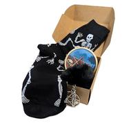 Chirpy & Goose Gothic Gift Box Set with Skeleton Socks, Pentagram Skull Coaster, PomPom Bag Charm With Skeleton & Pentagram. 3 Pieces