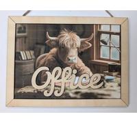 Chirpy & Goose Rustic Highland Cow Office Sign, Wooden Frame Wall Door Decor, Farmhouse Office Art Plaque 16 x 12 cm