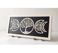 Chirpy & Goose Tree of Life Moon Phase Wall Art, Black and White Wooden Frame, Freestanding Decorative Picture 40cm x 18cm
