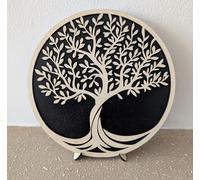 Chirpy & Goose Tree of Life Wooden Shelf Art, Round Decorative Ornament, 19 cm, Black and Natural With Stand Family Tree Wedding Gift