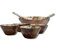 Chirpy Hummingbird Wooden Salad Bowl Set - 7 Piece Mango Wood Serving Bowl Set with 4 Portion Bowls & 2 Spoons - Handmade Food-Safe Enamel Interior for Salad, Pasta, Fruit Serving (Serves 3-5)