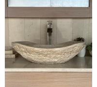 Chiseled Marble Bathroom Vessel Sink, Oval Canoe Shape, 100% Natural Stone, Hand Carved, Free Matching Soap Tray