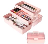 Chistepper Pink 3-Layer Paint Storage Organizer, Portable Arts & Crafts Storage Box with 2-Tray, 12.2 x 6.3 x 7.1 inches, for Painting Supplies