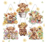 Chitidr 6 Pcs Highland Cow Diamond Art Wreath Hanging Sign Set Cow Diamond Art Hanging Wall Art DIY 5d Crystal Rhinestone Wreath Kits