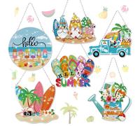 Chitidr 6 Pcs Summer Diamond Painting Hanging Sign Set Beach Gnome Diamond Art Paint Arts Set 5D DIY Ornaments Kits for Summer Wall Door Window Decor
