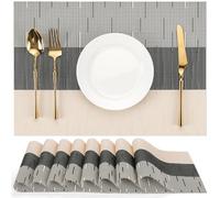 Chitomars Placemats Set of 8, Vinyl Woven Heat-Resistant Place Mats | Washable Wipeable PVC Table Mats, Non Slip Placemat for Kitchen Dining Indoor Outdoor Table (Beige Black, Set of 8)