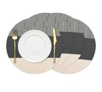 Chitomars Round Placemats Set of 4, 15 Inch Vinyl Heat Resistant Place Mats | Washable Wipeable PVC Woven Table Mats, Non Slip Placemat for Kitchen Dining Indoor Outdoor Table (Beige Black, Set of 4)