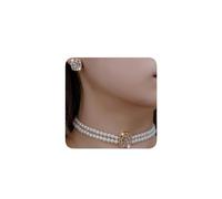 CHIVASO Classic Double Strand Faux Pearl Choker Necklace and Earrings Set with Crystal Accent, Elegant Jewelry for Special Occasions and Everyday Wear, Adjustable, Cubic Zirconia Faux Pearl Metal