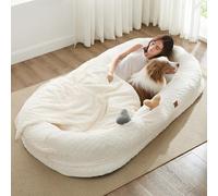 ChiXnuggle Human Dog Bed for Adult - Luxury Faux Fur Giant Human Size Dog Bed with Portable Handle, Egg Orthopedic Foam Dog Human Bed with Blanket, 72"x40"x10", Ivory White