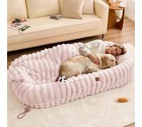 ChiXnuggle Human Size Dog Bed Giant Faux Fur Striped Washable with Orthopedic Foam Support and Blanket Cozy Lounger for Reading, Nap and Cuddle with Pets