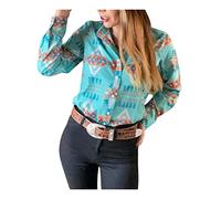 ChiyeeKiss Womens Aztec Pearl Snap Shirts Western Lapel Button Up Blouse Long Sleeve Cowgirl Tops, Green, XL