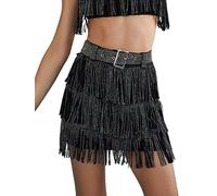 ChiyeeKiss Womens Sparkle Rhinestone Fringe Skirt Elastic Waistband Short Mini Dress with Adjustable and Removable Belt, Black, XL