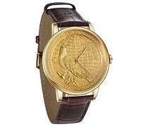 CHIYODA Watch for Man Woman, Gold Plated Quartz Wrist Watch with Carving Process of Map and Eagle Pattern, Swiss Quartz Movement, Real Cowhide Strap - Unisex