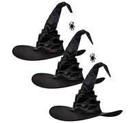 Chiyyak 3 Pcs Halloween Witch Hats Black Witch Hat with Spider, Bat, and Regular Styles Large Ruched Hats for Halloween Party, Stage Show, Cosplay (black)