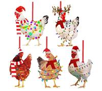Chiyyak Pack of 5 Wooden Christmas Pendants Chicken with Scarf Christmas Tree Pendant Funny Chicken Figure Christmas Decoration Garden Balcony Door Window Tree