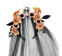 CHIZISX Halloween Witch Hairband With Skull Flower Designs Tulle Veil For Day Of The Dead Costume Accessories Festival Props Festival Hairband