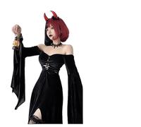 CHJIEXDEC Dark Gothic European American Halloween Costume Witch Vampire Grim Grim Grim Reaper Black Dress Dress+Little Red Horn, XX-Large
