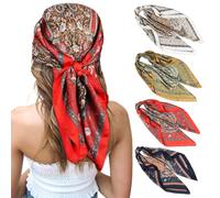 CHLINS 27 Inches Silk Feeling Square Head Scarf - 4 Pcs Satin Square Head Scarves for Women Hair Bandanas, Navy Blue+off-white+red+olive Green, 70*70 cm/27*27 inches
